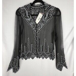 For Joseph Vintage Deadstock Silk Beaded Blouse Shirt M Black Sheer Art Deco